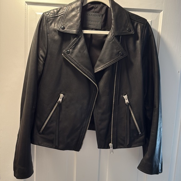 All Saints Dalby Slim Fit Leather Biker Jacket Womens UK 14, US 10, EU 42, black - Picture 3 of 8